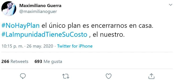 Maximiliano Guerra, tuits contra cuarentena