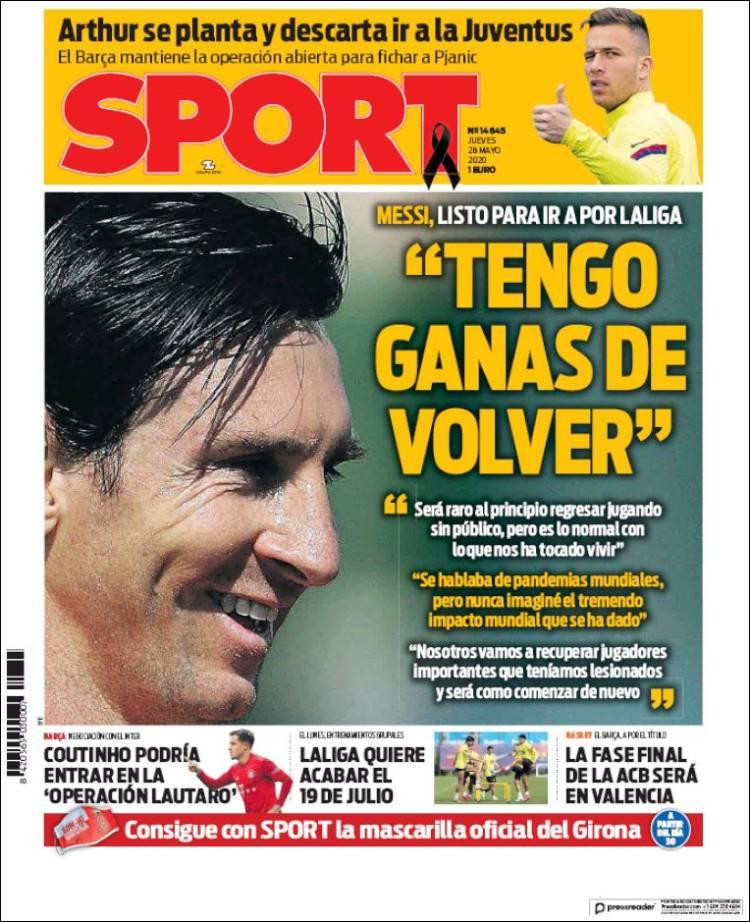Tapas de diarios, Sport de España, jueves 28 de mayo de 2020
