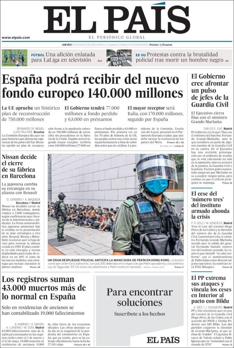 Tapas de diarios, El Pais de España, jueves 28 de mayo de 2020