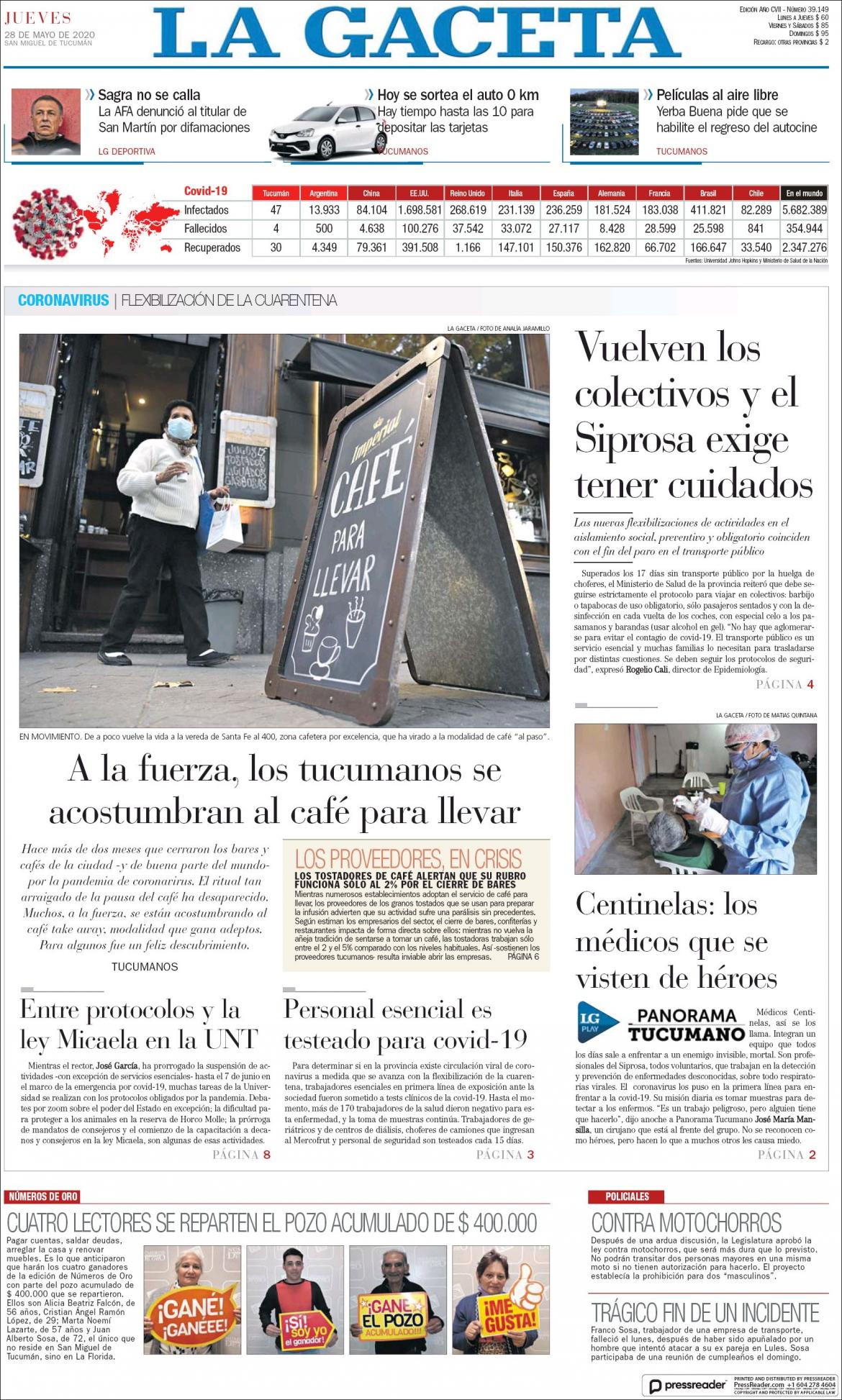 Tapas de diarios, La Gaceta, jueves 28 de mayo de 2020
