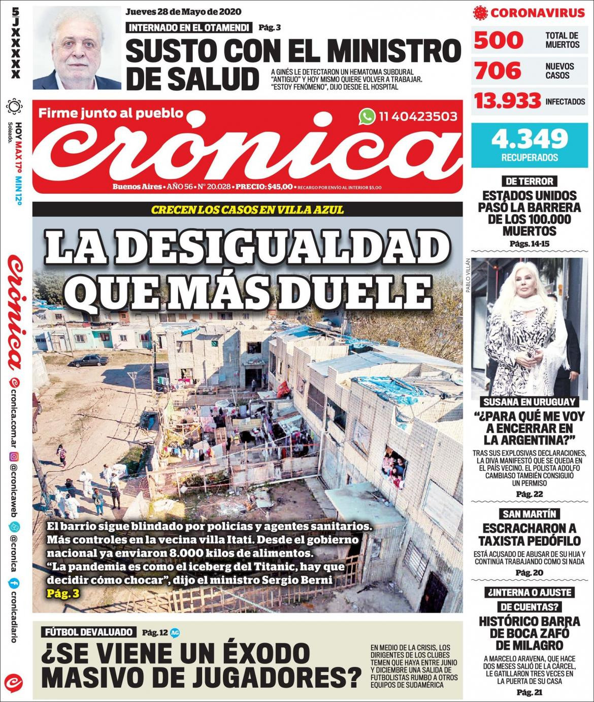 Tapas de diarios, Crónica, jueves 28 de mayo de 2020