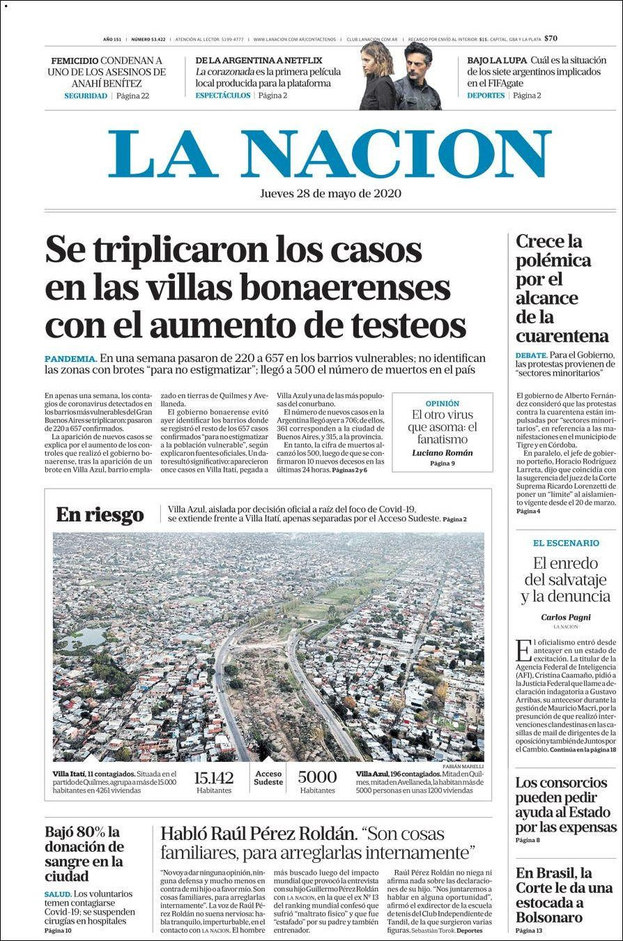 Tapas de diarios, La Nación, jueves 28 de mayo de 2020