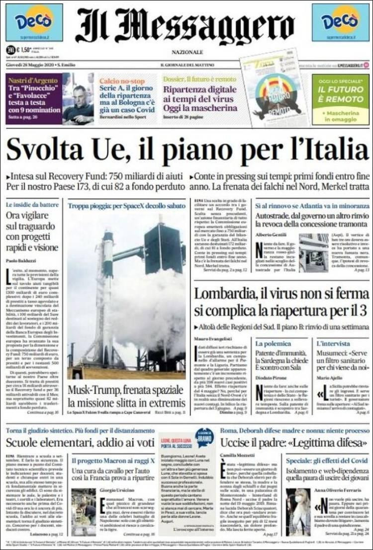 Tapas de diarios, Il Messagero de Italia, jueves 28 de mayo de 2020