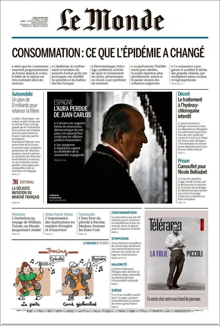 Tapas de diarios, Le Monde de Francia, jueves 28 de mayo de 2020