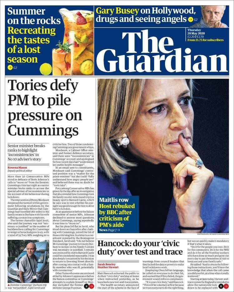 Tapas de diarios, The Guardian de Gran Bretaña, jueves 28 de mayo de 2020