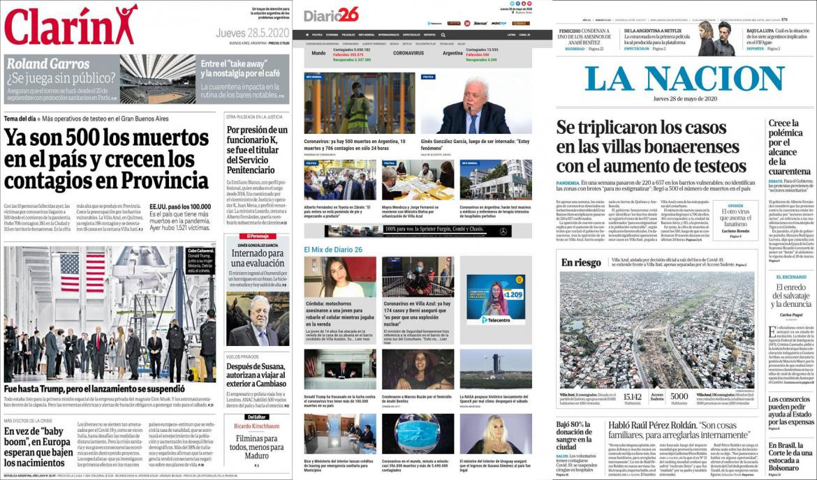 Tapas de diarios argentinos, jueves 28 de mayo de 2020