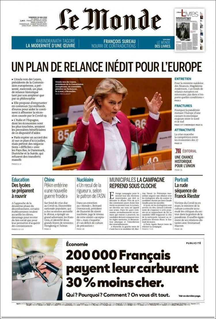 Tapas de diarios, Le Monde, viernes 29 de mayo de 2020