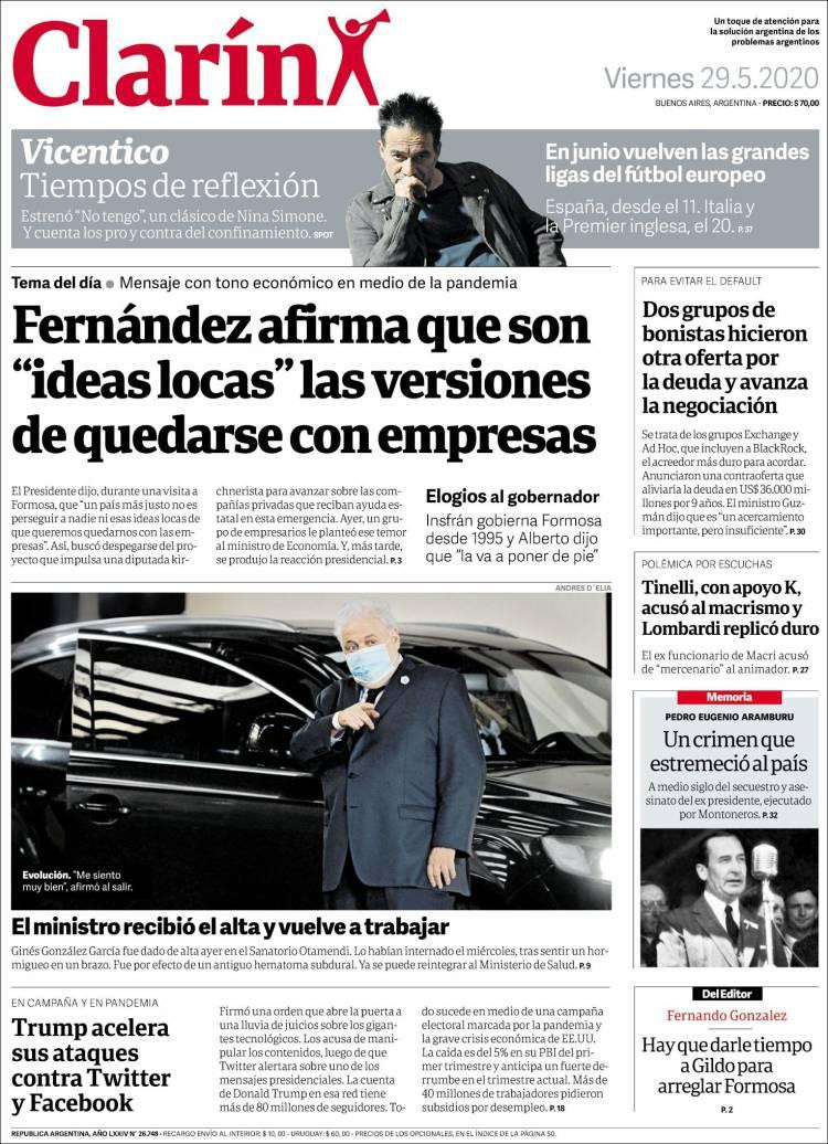 Tapas de diarios, Clarín, viernes 29 de mayo de 2020