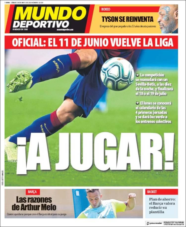 Tapas de diarios, Mundo Deportivo de España, sábado 30 de mayo de 2020