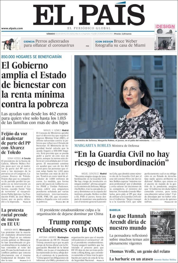 Tapas de diarios, El Pais de España, sábado 30 de mayo de 2020