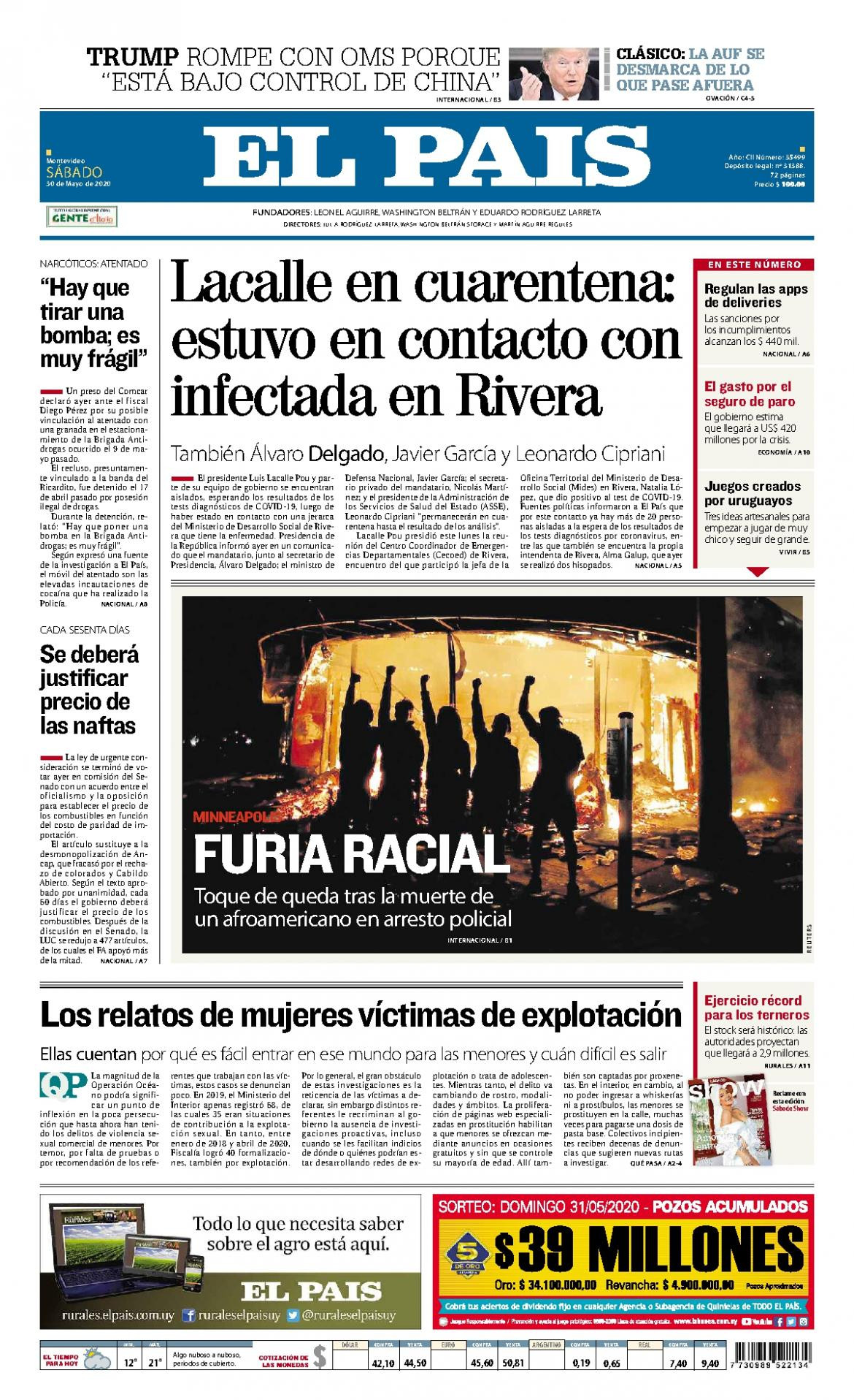 Tapas de diarios, El Pais de Uruguay, sábado 30 de mayo de 2020