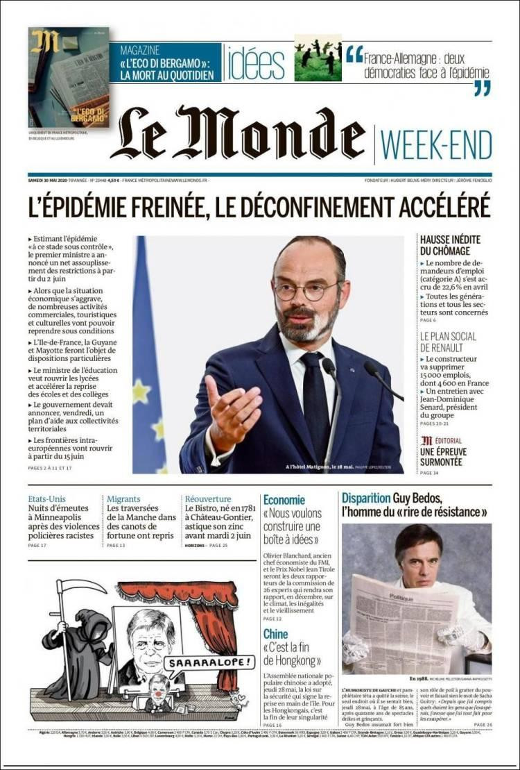 Tapas de diarios, Le Monde de Francia, sábado 30 de mayo de 2020