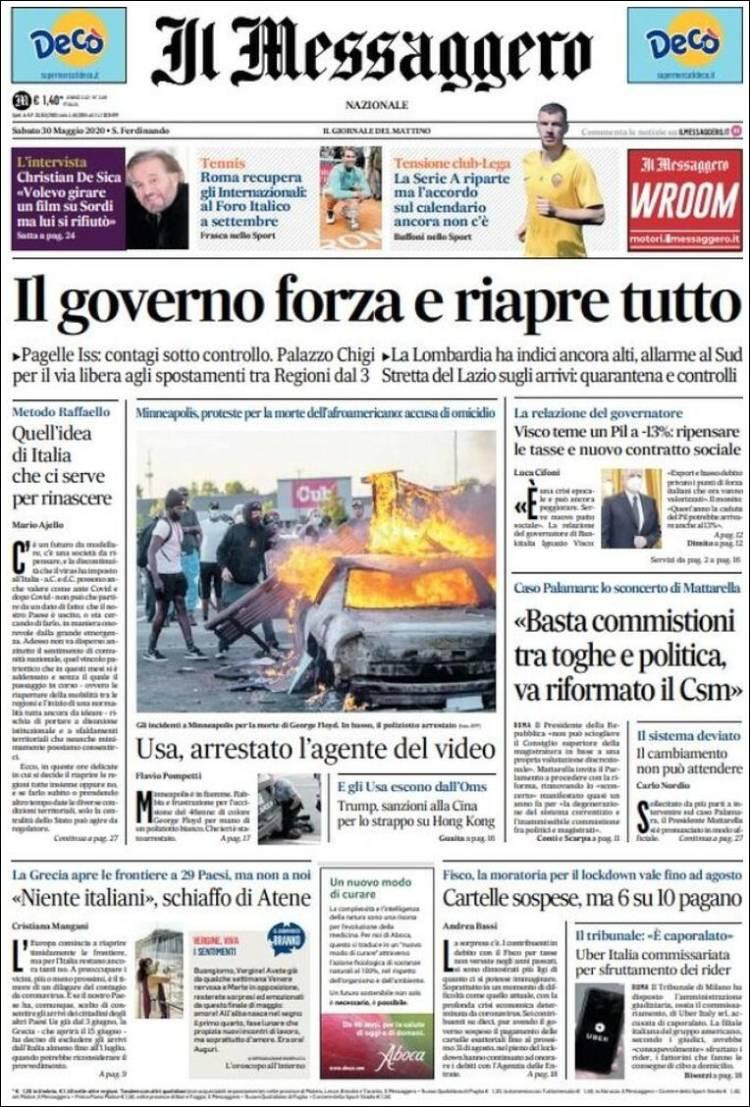 Tapas de diarios, Il Messaggero de Italia, sábado 30 de mayo de 2020