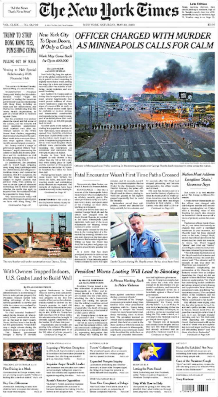 Tapas de diarios, The New York Times de EE.UU., sábado 30 de mayo de 2020