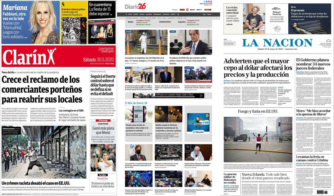 Tapas de diarios argentinos, sábado 30 de mayo de 2020