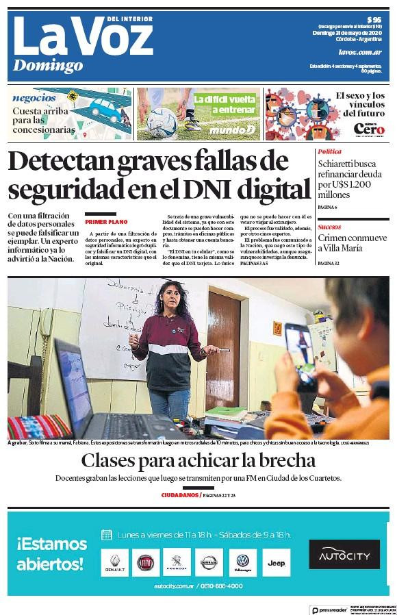 Tapas de diarios, La Voz del Interior, domingo 31 de mayo de 2020