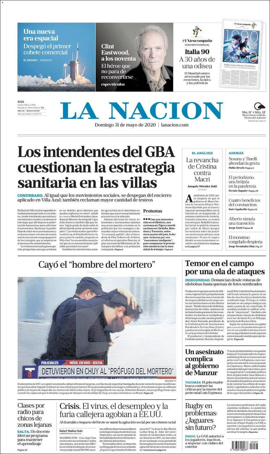 Tapas de diarios, La Nación, domingo 31 de mayo de 2020