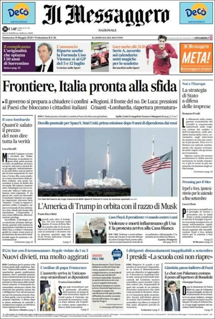 Tapas de diarios, Il Messaggero de Italia, domingo 31 de mayo de 2020
