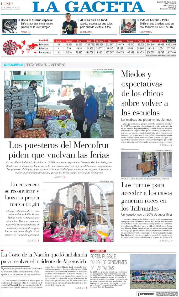 Tapas de diarios, La Gaceta, lunes 1 de junio de 2020