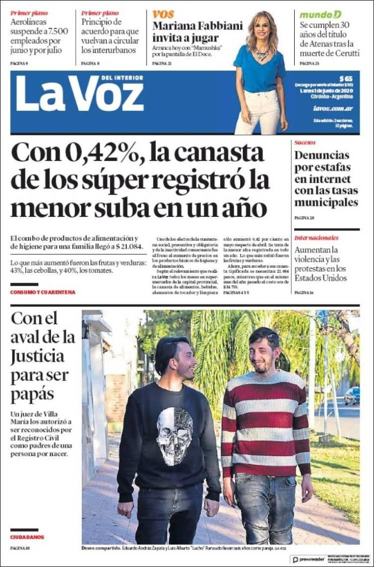 Tapas de diarios, La Voz, lunes 1 de junio de 2020