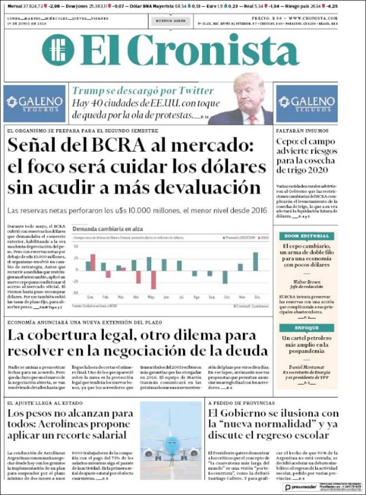 Tapas de diarios, El Cronista, Diario 26, lunes 1 de junio de 2020