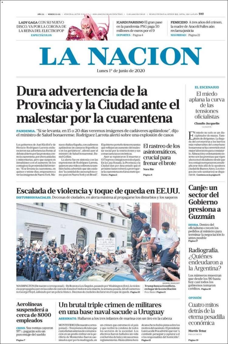 Tapas de diarios, La Nación, lunes 1 de junio de 2020