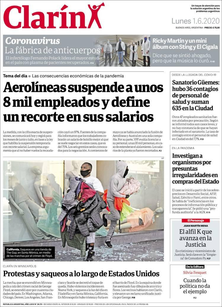 Tapas de diarios, Clarín, lunes 1 de junio de 2020