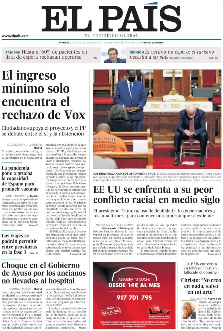 Tapas de diarios, El País, martes 2 de junio de 2020