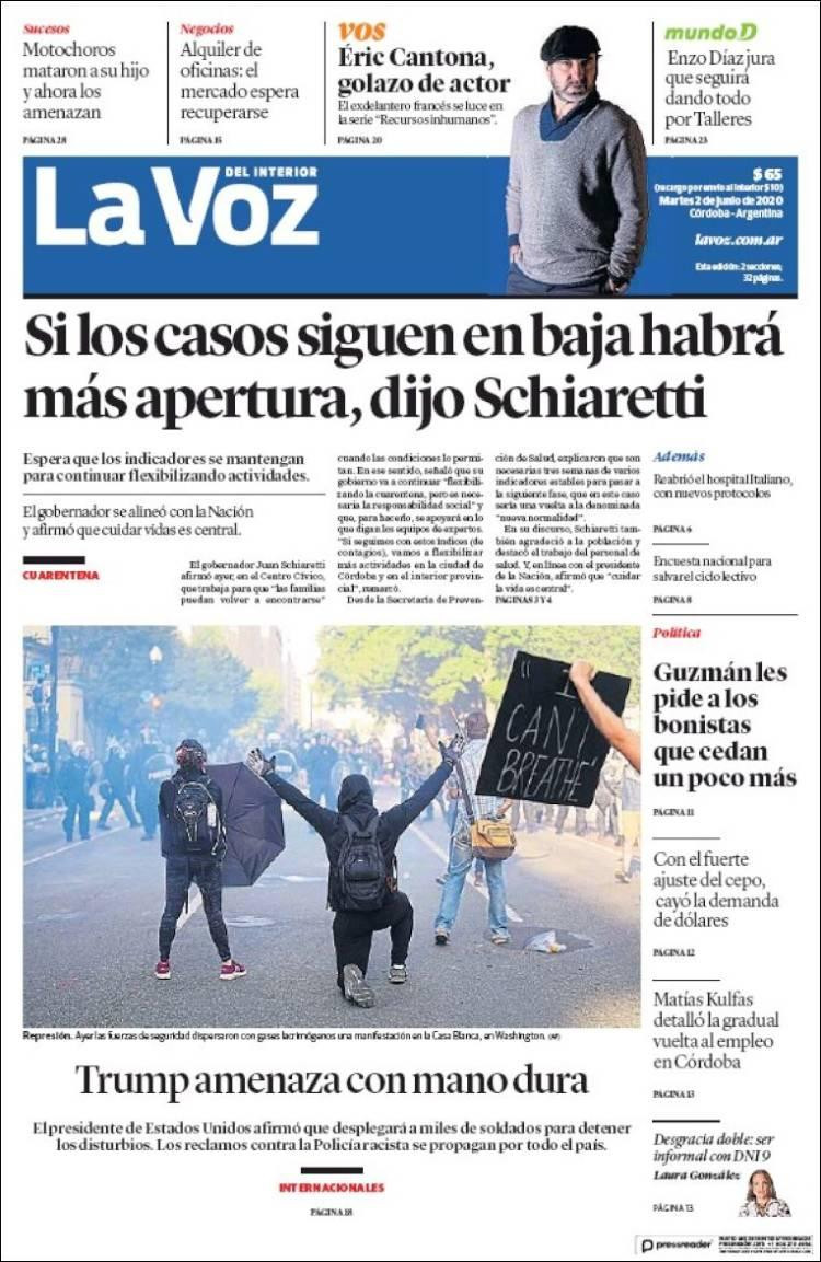 Tapas de diarios, La Voz, martes 2 de junio de 2020
