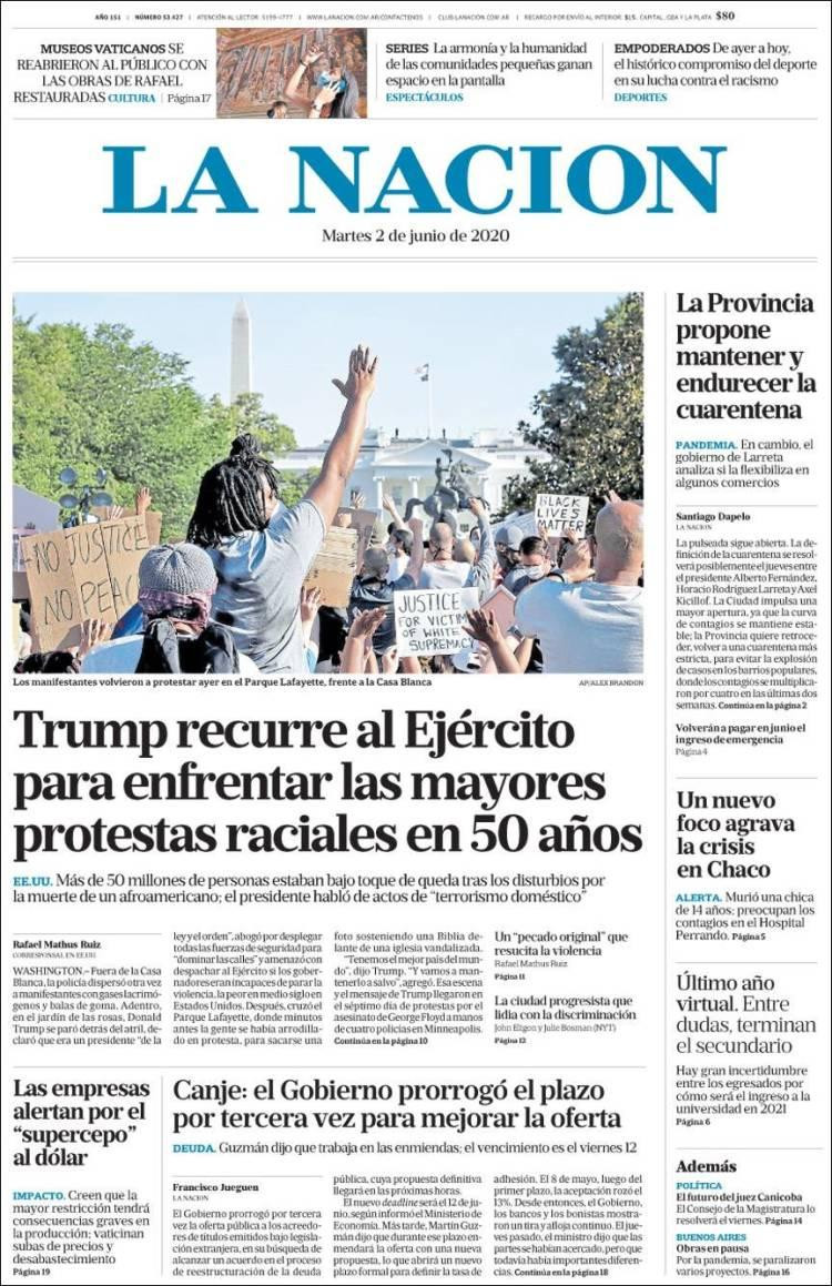 Tapas de diarios, La Nación, martes 2 de junio de 2020