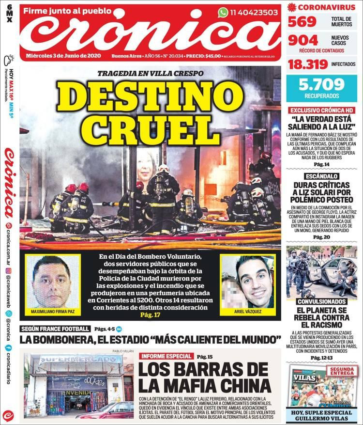 Tapas de diarios, Cronica, miercoles 3 de junio de 2020	