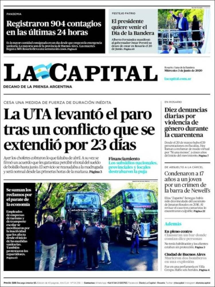 Tapas de diarios, La capital, miercoles 3 de junio de 2020	
