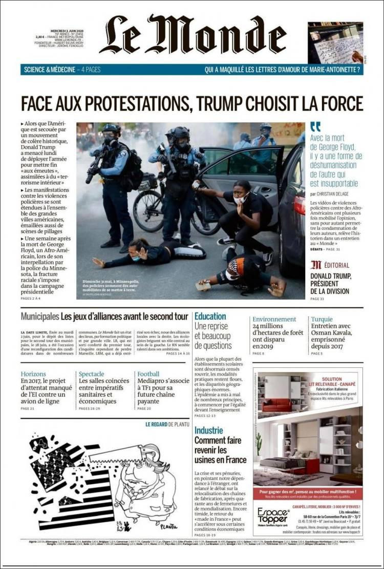 Tapas de diarios, Le monde, miercoles 3 de junio de 2020	