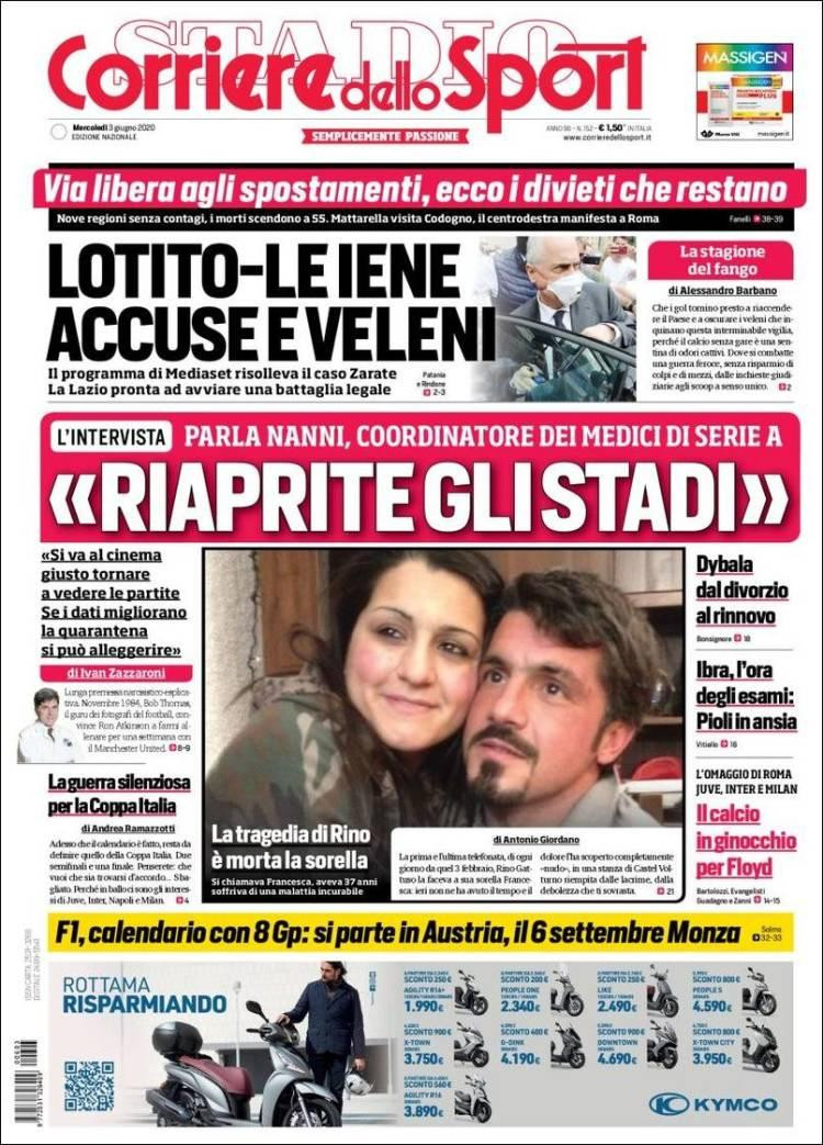 Tapas de diarios, Corriere dello sport, miercoles 3 de junio de 2020	