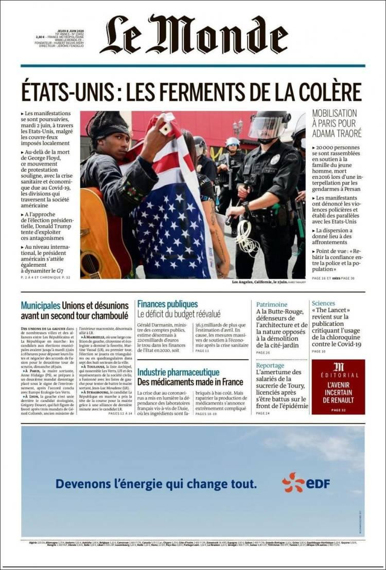 Tapas de diarios,Le Monde, jueves 4 de junio de 2020