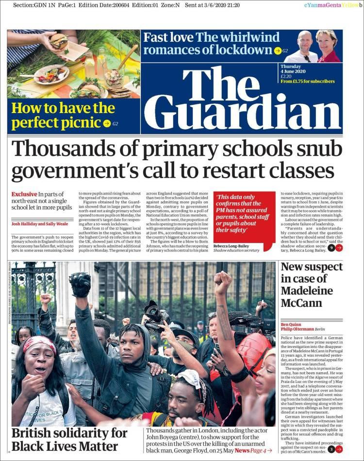 Tapas de diarios, Guardian, jueves 4 de junio de 2020