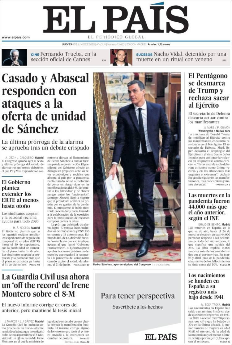 Tapas de diarios, El País, jueves 4 de junio de 2020