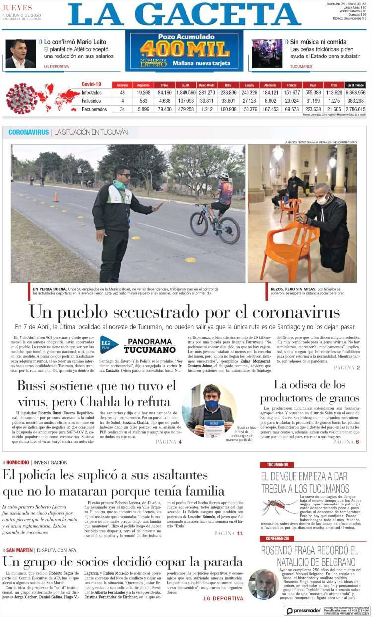 Tapas de diarios, La Gaceta, jueves 4 de junio de 2020