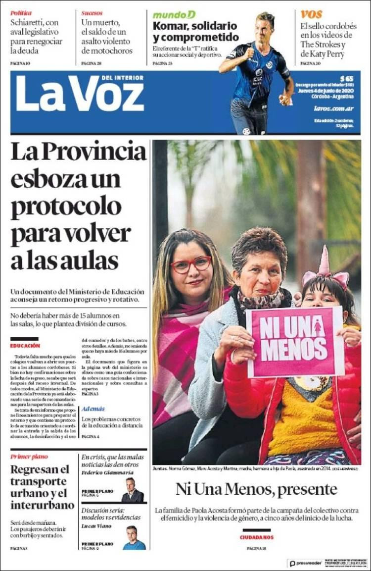 Tapas de diarios, La Voz, jueves 4 de junio de 2020