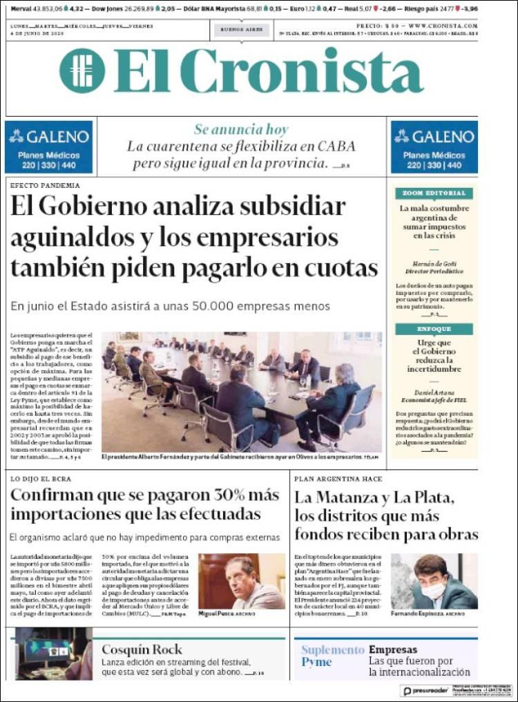 Tapas de diarios, El Cronista, jueves 4 de junio de 2020