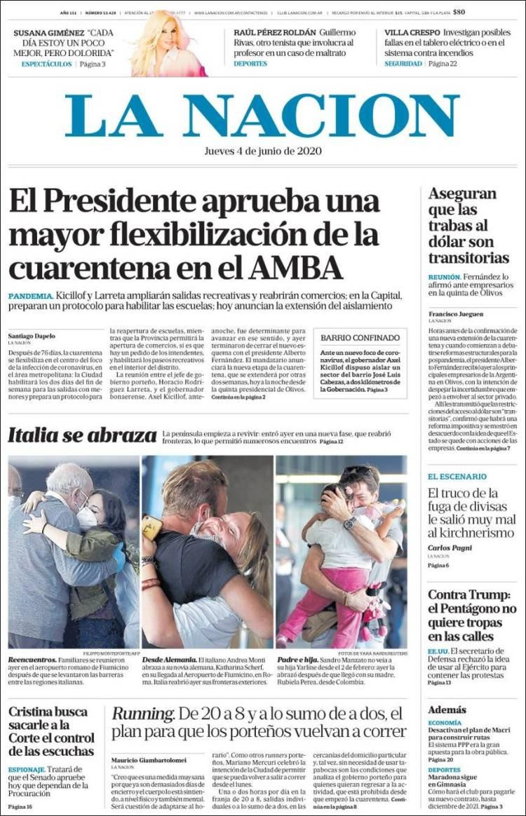 Tapas de diarios, La Nación, jueves 4 de junio de 2020