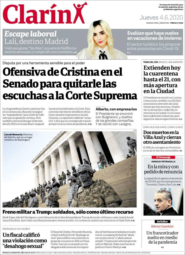 Tapas de diarios, Clarín, jueves 4 de junio de 2020
