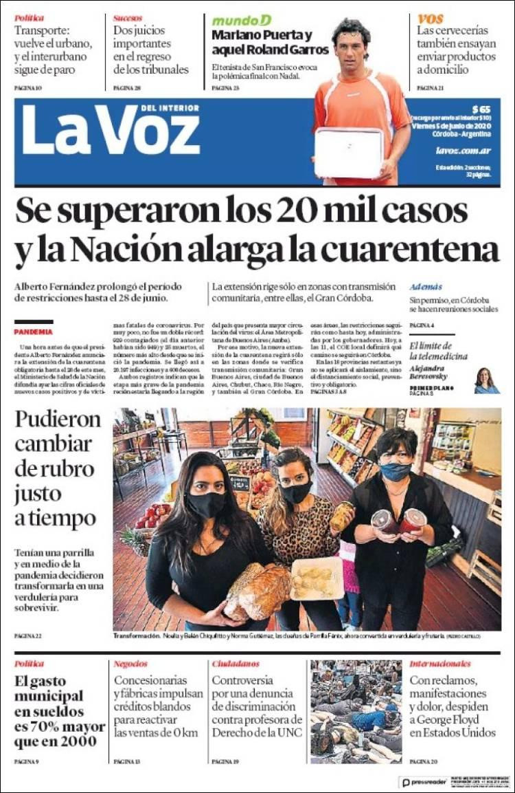 Tapas de diarios, La Voz del Interior, viernes 5 de junio de 2020