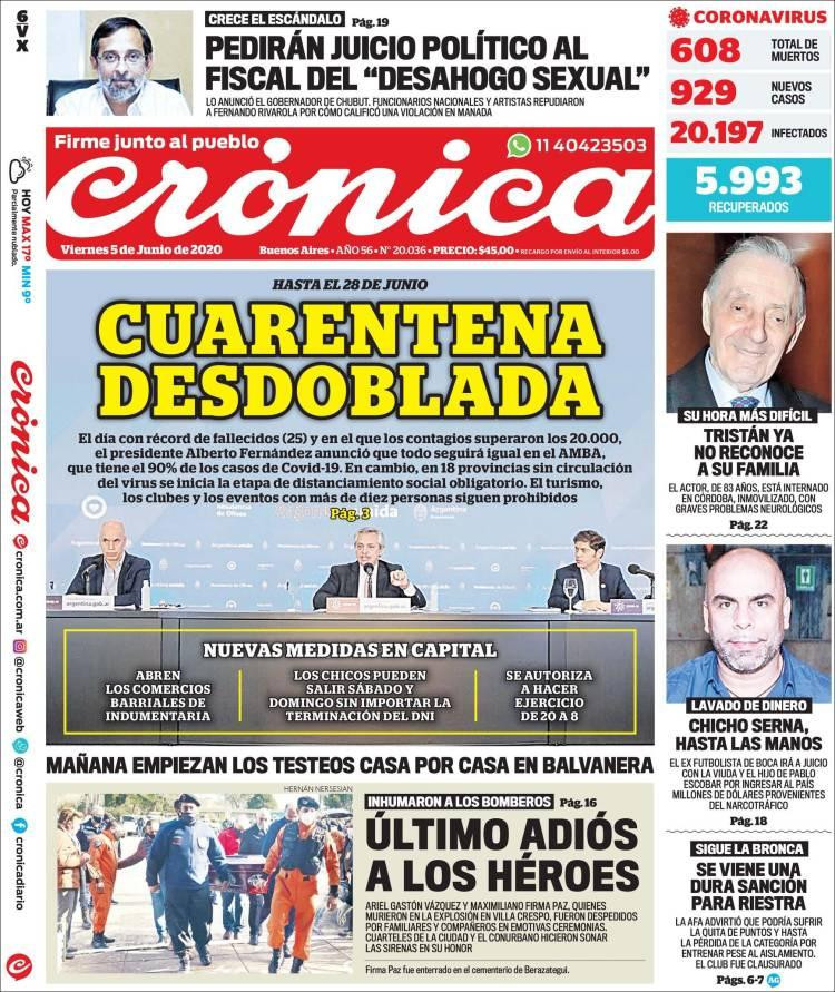 Tapas de diarios, Cronica, viernes 5 de junio de 2020
