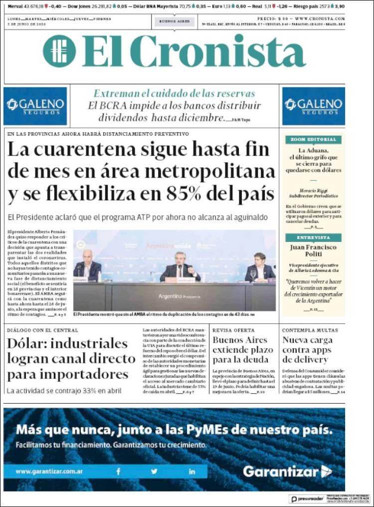 Tapas de diarios, El Cronista, viernes 5 de junio de 2020