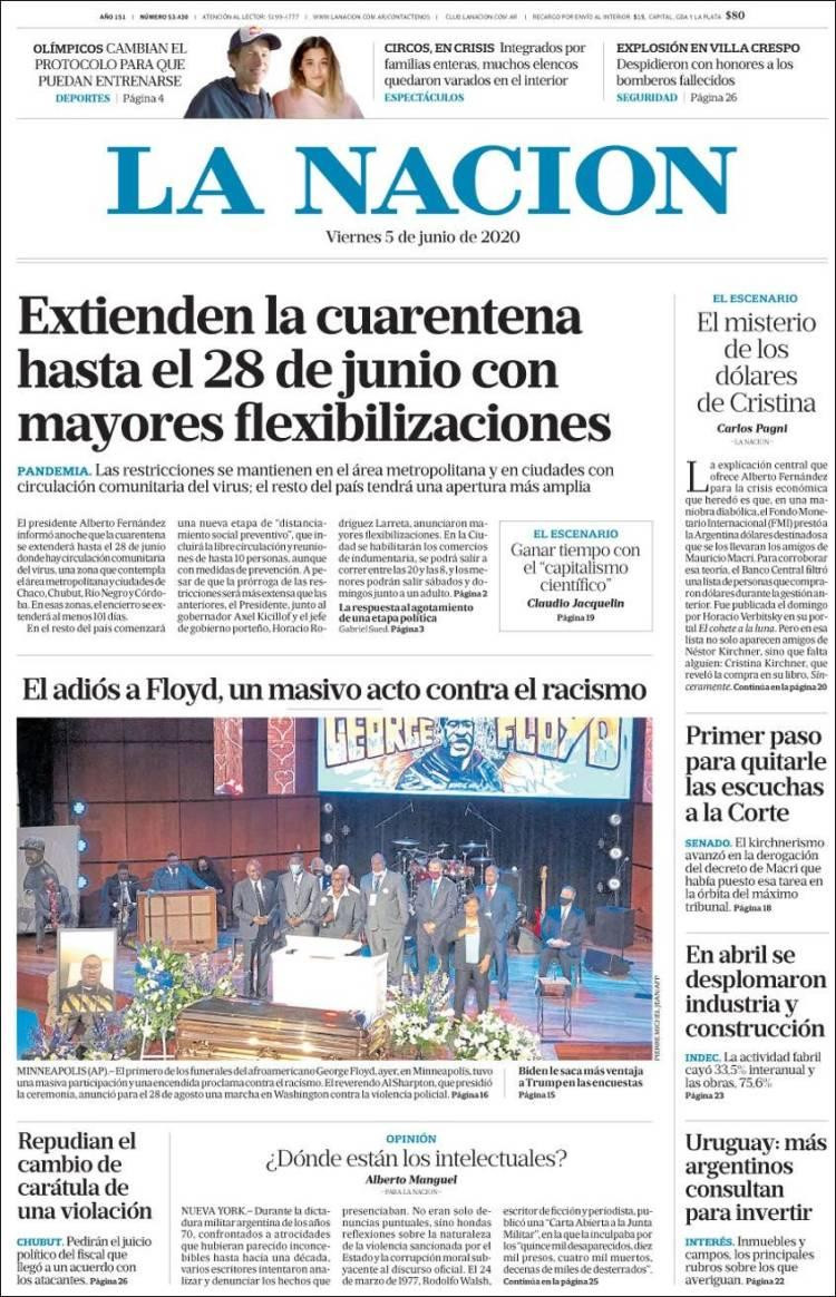 Tapas de diarios, La Nación viernes 5 de junio de 2020