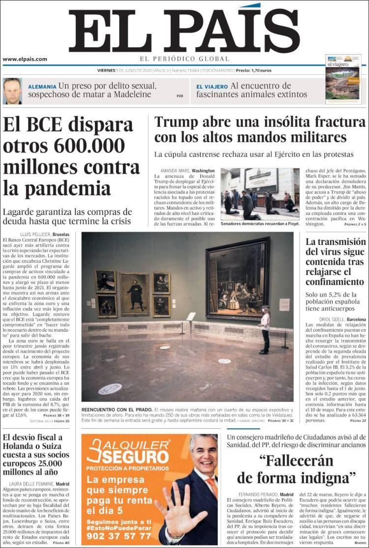 Tapas de diarios, El Pais de España, viernes 5 de junio de 2020