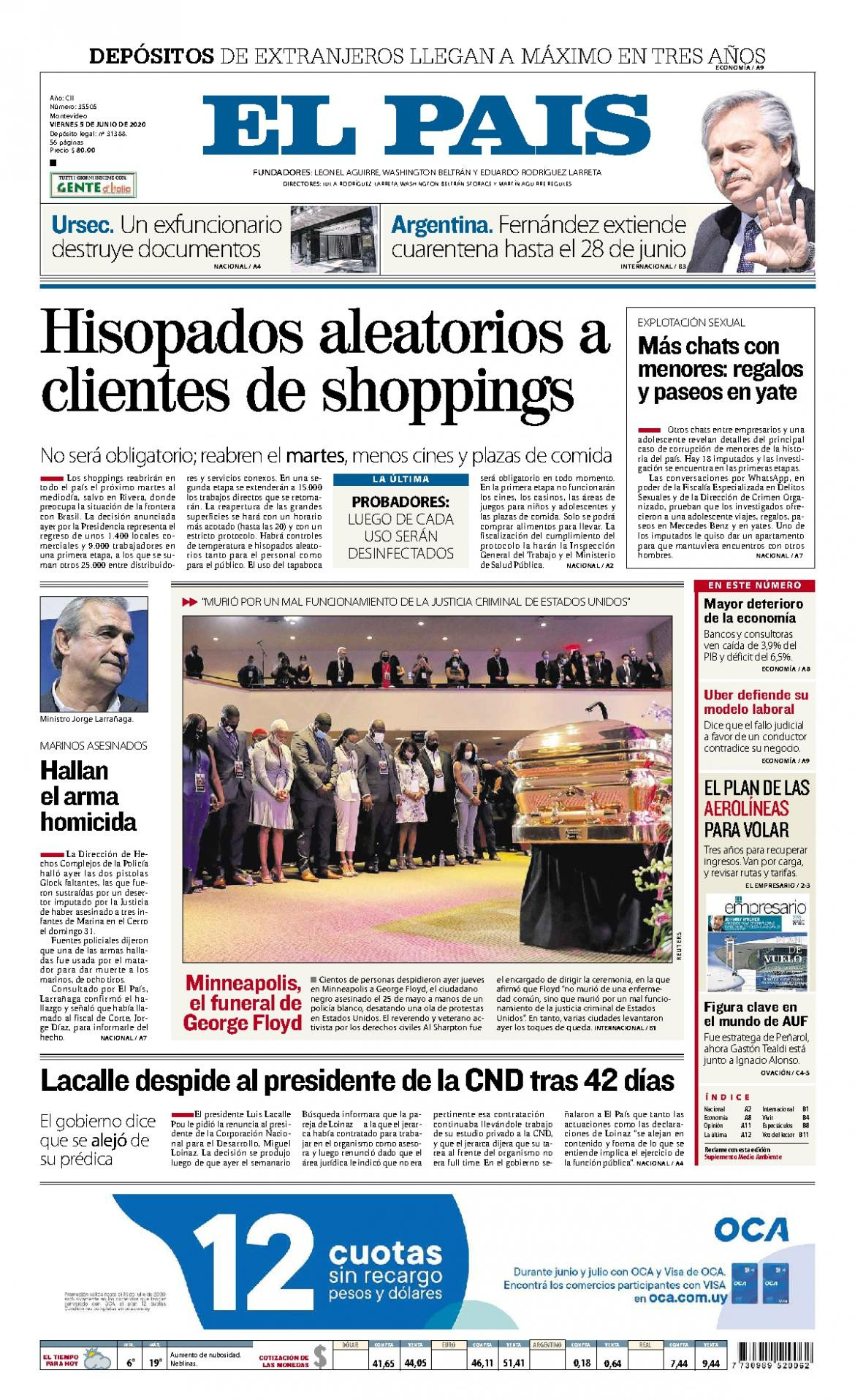 Tapas de diarios, El Pais de Uruguay, viernes 5 de junio de 2020
