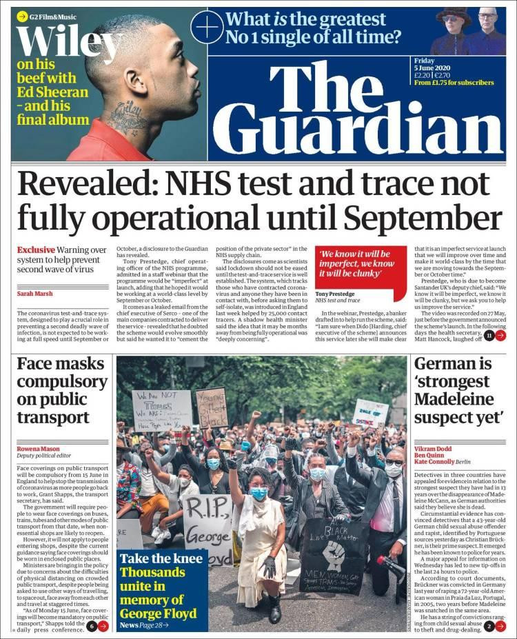 Tapas de diarios, The Guardian de Gran Bretaña, viernes 5 de junio de 2020