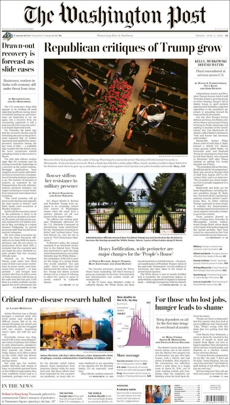 Tapas de diarios, The Washington Post de EE.UU, viernes 5 de junio de 2020